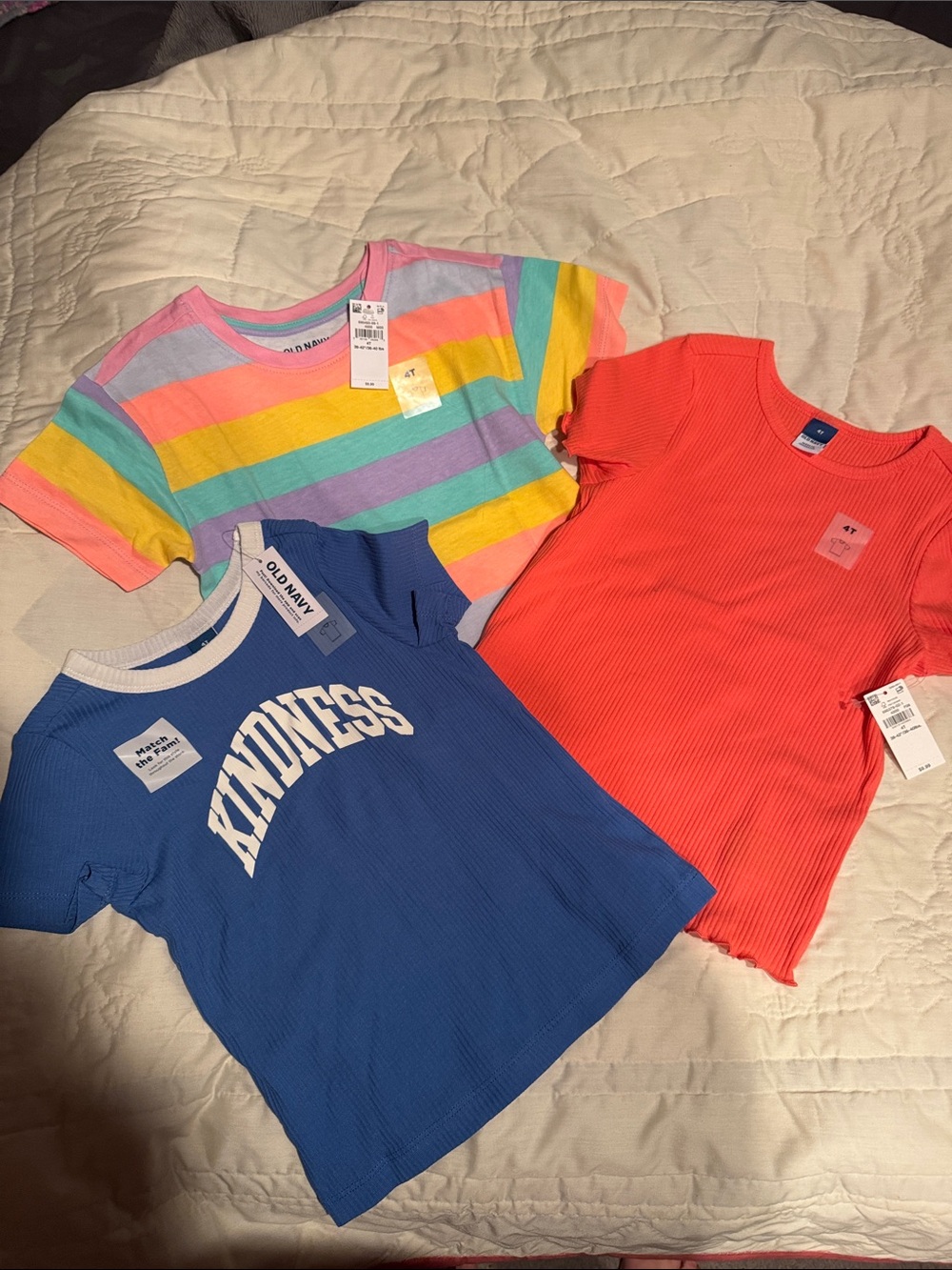 Old Navy Girls' Blue 'Kindness' Tee, Coral Ribbed Tee & Rainbow Stripe Tee